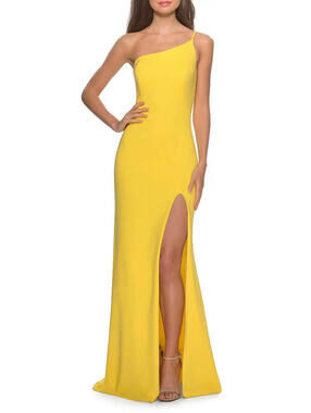 La Femme Yellow One-Shoulder Side Slit Jersey Gown Size 0 Orig $228
